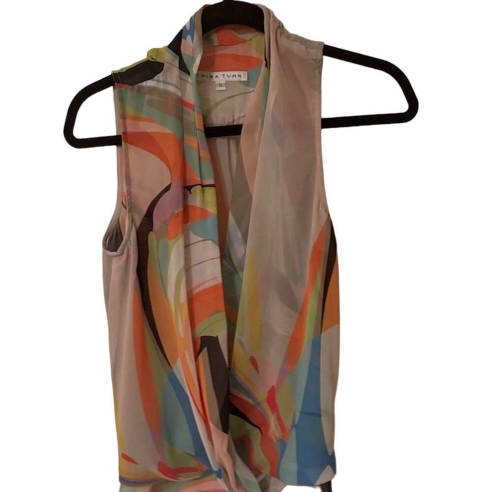 Trina Turk Women's Sleeveless Blouse S Multicolor Geometric V-Neck Top